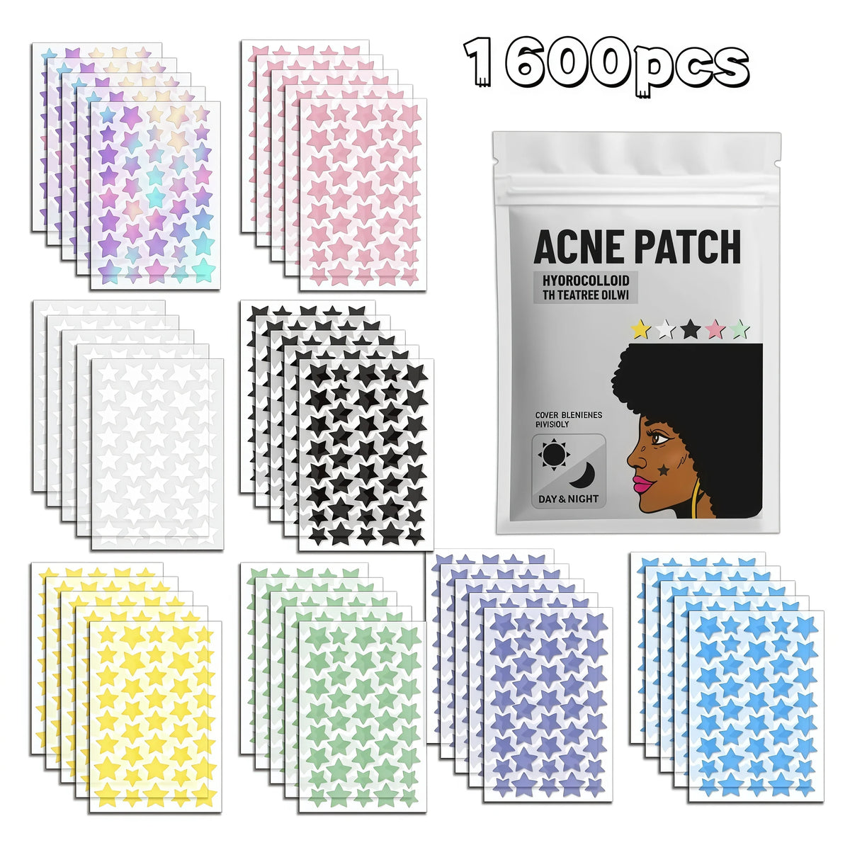 320/1600/1920pcs Colorful Star Hydrocolloid Pimple Patches, Multi Size Invisible Face Dot Stickers