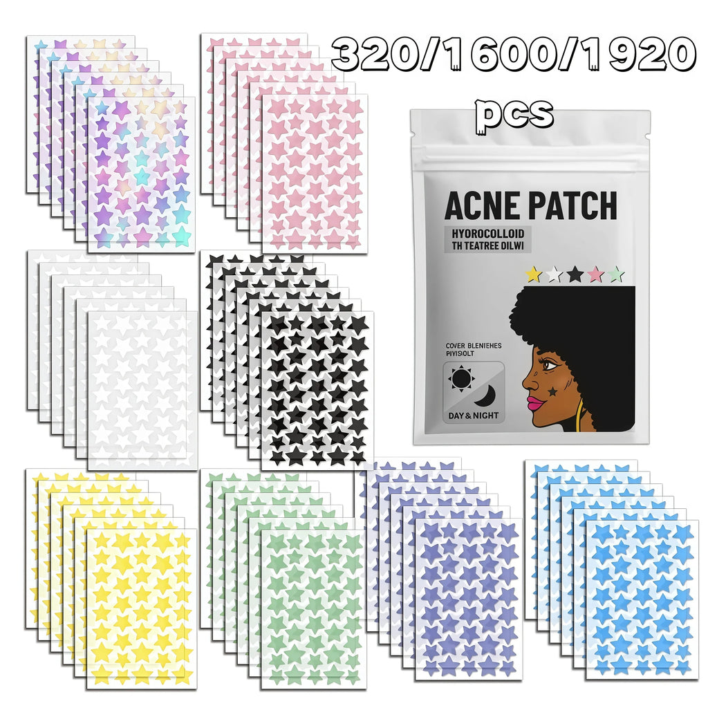 320/1600/1920pcs Colorful Star Hydrocolloid Pimple Patches, Multi Size Invisible Face Dot Stickers