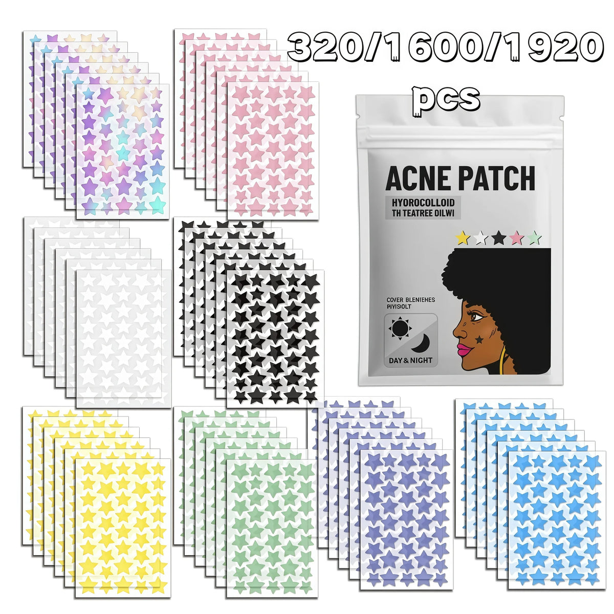 320/1600/1920pcs Colorful Star Hydrocolloid Pimple Patches, Multi Size Invisible Face Dot Stickers