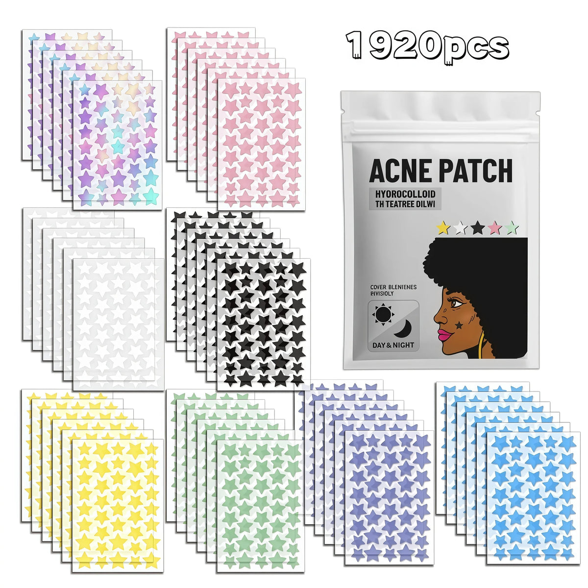 320/1600/1920pcs Colorful Star Hydrocolloid Pimple Patches, Multi Size Invisible Face Dot Stickers